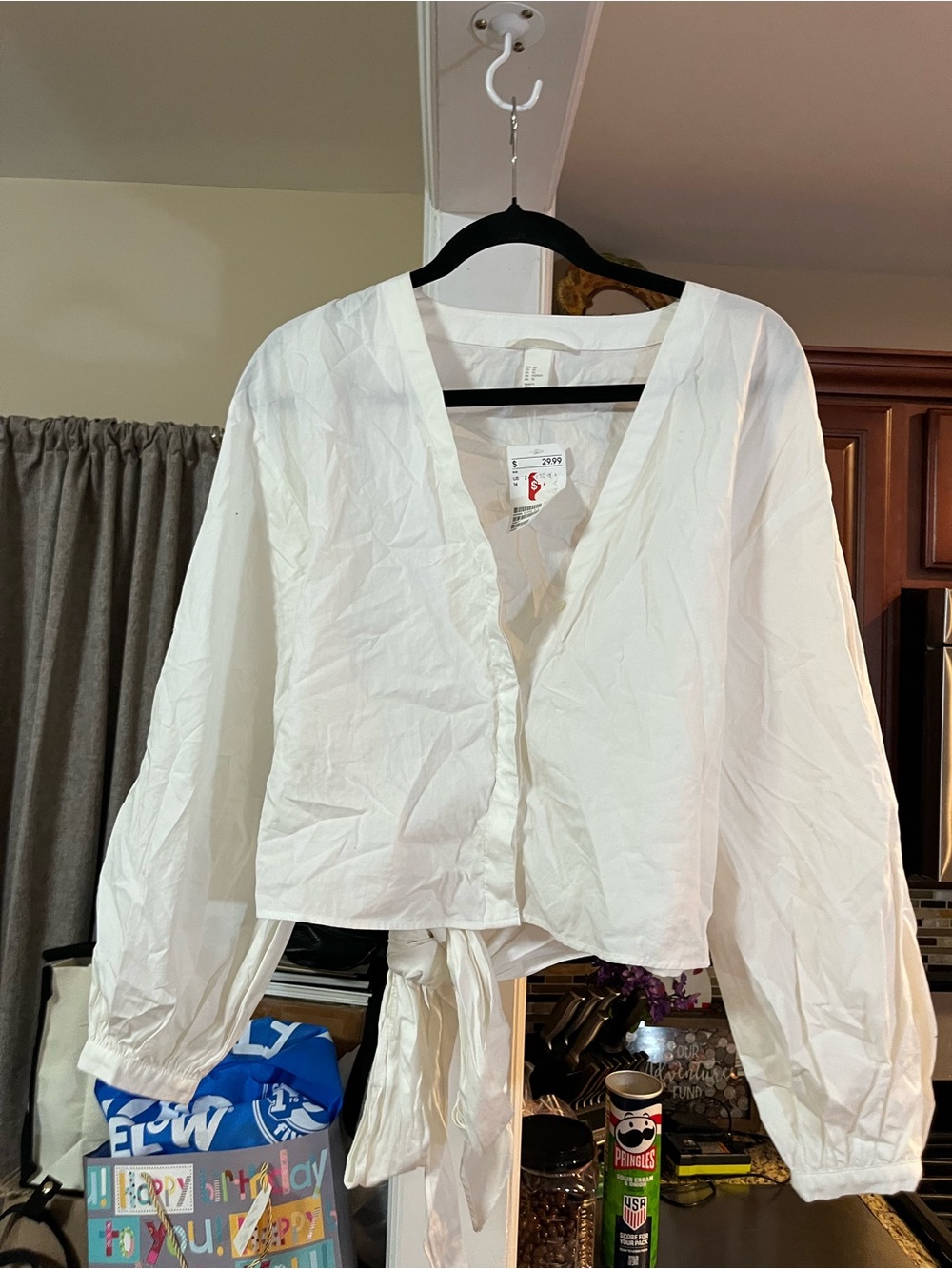 H & M White Tie-Front Women's Top - Classic V-Neck size 10